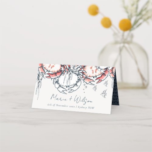 Red Navy Underwater Crab Coral Nautical Wedding Place Card