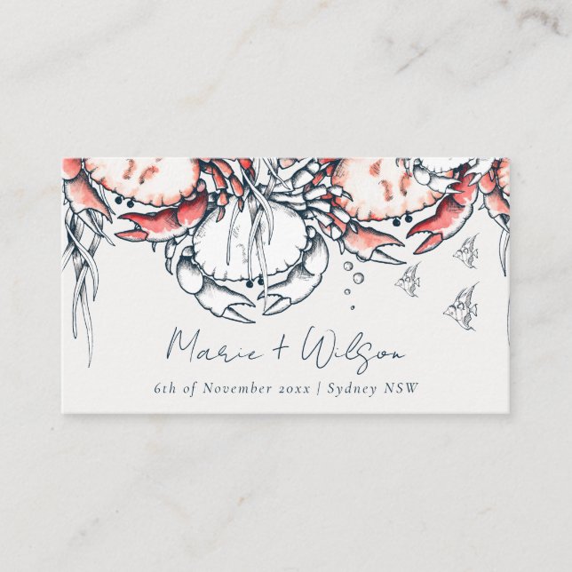 Red Navy Underwater Crab Coral Nautical Wedding Place Card (Front)