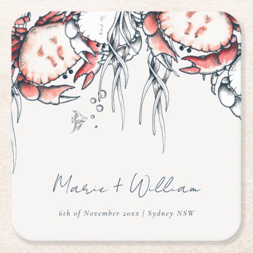 Red Navy Underwater Crab Coral Nautical Wedding Square Paper Coaster