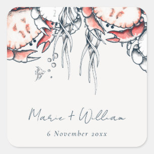 Red Navy Underwater Crab Coral Nautical Wedding Square Sticker