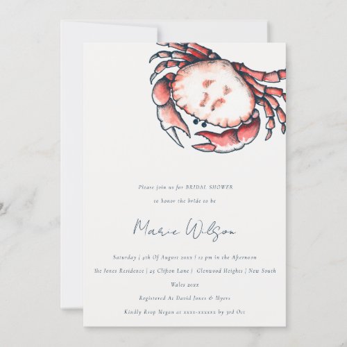 Red Navy Underwater Crab Nautical Bridal Shower Invitation