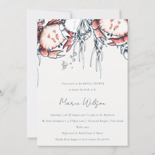 Red Navy Underwater Crab Nautical Bridal Shower Invitation