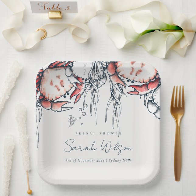 Red Navy Underwater Crab Nautical Bridal Shower Paper Plates (Wedding)