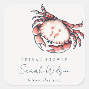 Red Navy Underwater Crab Nautical Bridal Shower Square Sticker