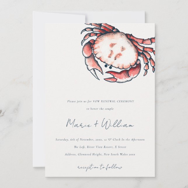Red Navy Underwater Crab  Nautical Vow Renewal Invitation (Front)