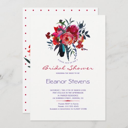 Red navy watercolor bouquet bridal shower invite