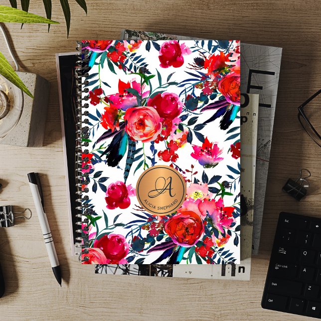 Red Navy Watercolor Floral Copper Monogram Name Planner (Creator Uploaded)