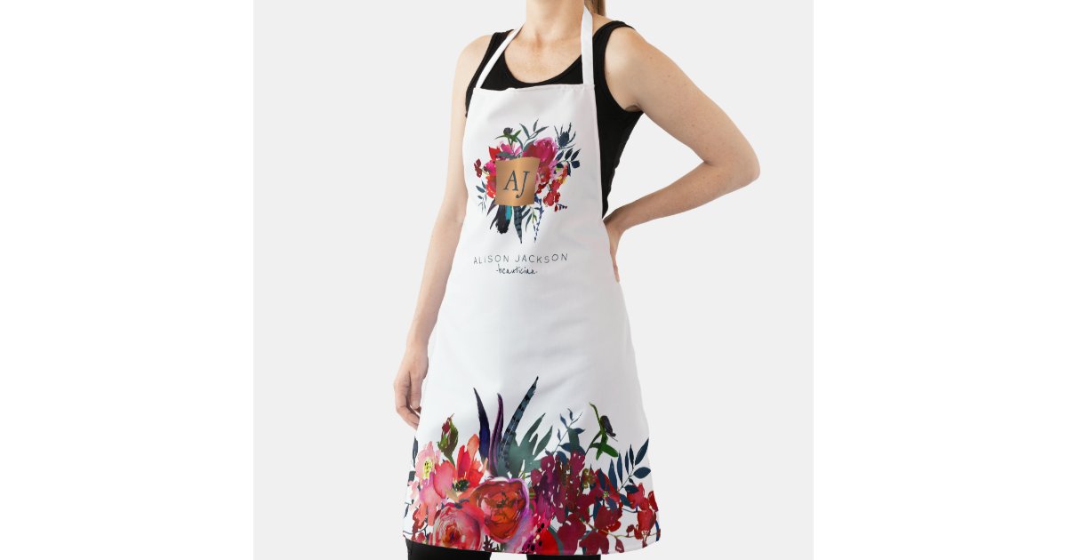 Red navy watercolor floral gold copper monogrammed apron | Zazzle
