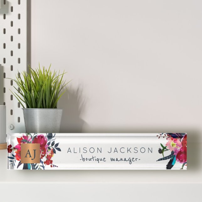Red navy watercolor floral gold copper monogrammed desk name plate (Creator Uploaded)