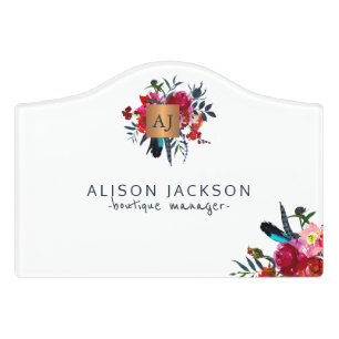 Red navy watercolor floral gold copper monogrammed door sign