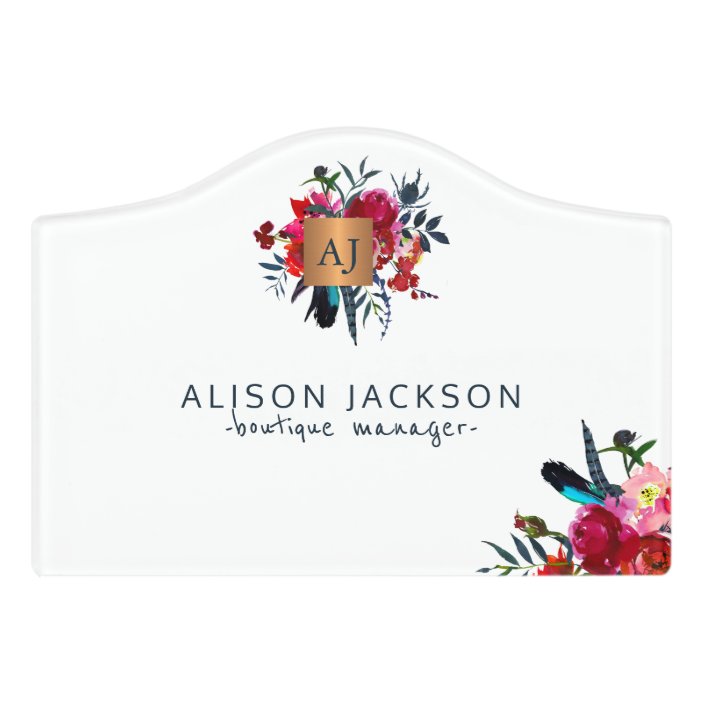 Red Navy Watercolor Floral Gold Copper Monogrammed Door Sign