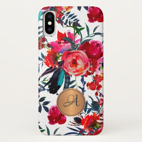 Red Navy Watercolor Floral Pattern Copper Monogram iPhone XS Case