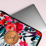 Red Navy Watercolor Floral Pattern Copper Monogram Laptop Sleeve<br><div class="desc">Romantic glam feminine laptop sleeve with spring and summer watercolor red, coral, burnt orange, dark midnight blue and green hand painted blooms, feathers and foliage. Personalize it with your monogram and name inside the metallic copper circle with an elegant editable script calligraphy typeface! It can be a very nice personalized...</div>