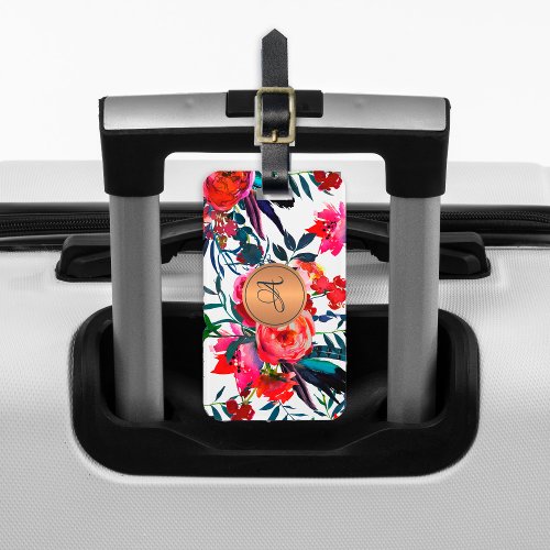 Red Navy Watercolor Floral Pattern Copper Monogram Luggage Tag