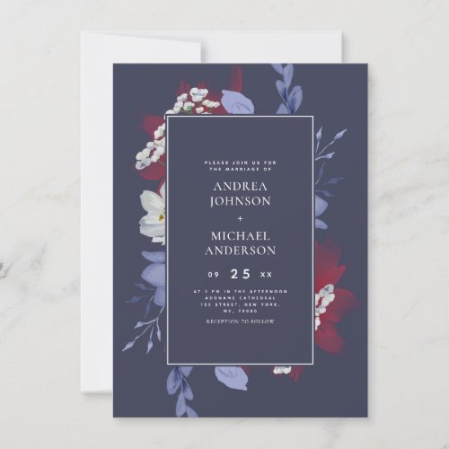 Red  Navy Watercolor Floral Simple Dark Wedding Invitation