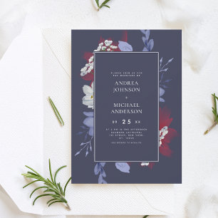 Red & Navy Watercolor Floral Simple Dark Wedding Invitation