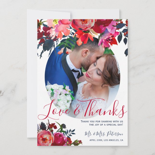 Red navy watercolor peony photo wedding thank you (Front)
