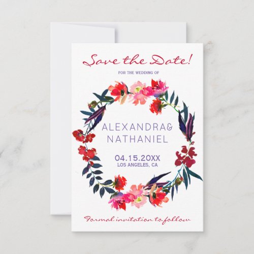Red navy watercolor wildflowers save date wedding save the date