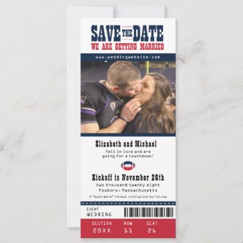 Red Navy Wedding Save The Date Football Ticket by labellarue at Zazzle