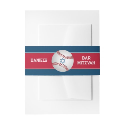 Red Navy White Baseball Bar Mitzvah Invitation Belly Band