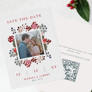 Red & Navy Winter Berries Photo & QR Code Wedding Save The Date
