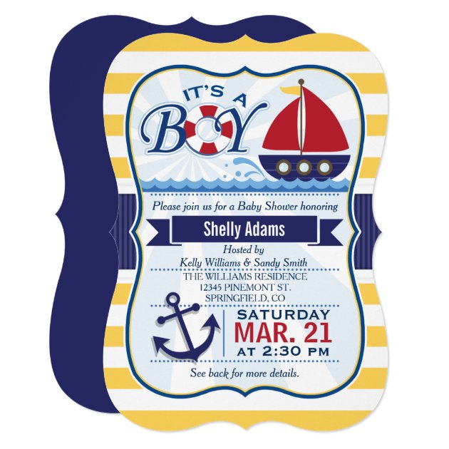 Red, Navy, & Yellow Nautical Sailboat Baby Shower Invitation
