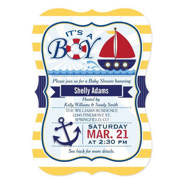 Red, Navy, & Yellow Nautical Sailboat Baby Shower Invitation