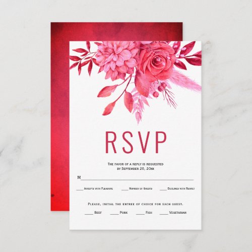 Red nd pink flowers and leaves wedding RSVP card