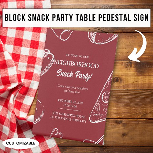 Red Neighborhood Fun Block Food Snack Party Pedestal Sign