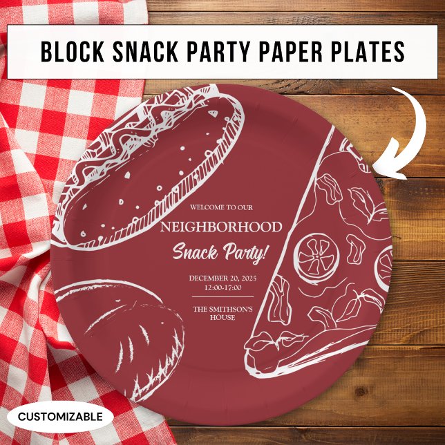 Red Neighborhood Fun Block Snack Food Party Paper Plates (Creator Uploaded)