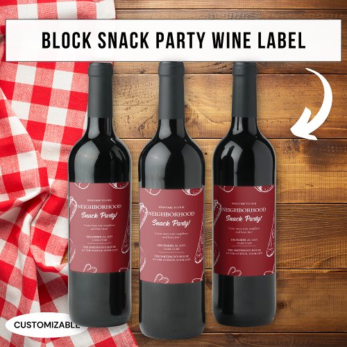 Red Neighborhood Fun Block Snack Food Party Wine Label