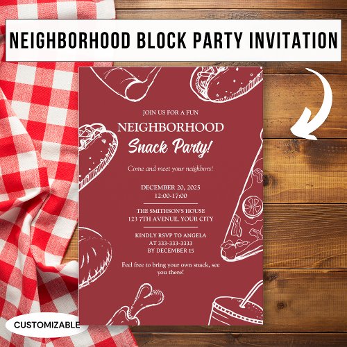 Red Neighborhood Fun Block Snack Party Invitation