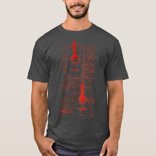 Red Neon Acoustic Guitar Da Vinci blueprint T_Shirt