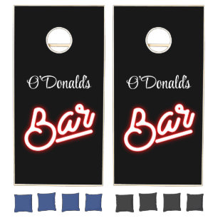 Red Neon Bar Effect Any Name Script on Black Cornhole Set