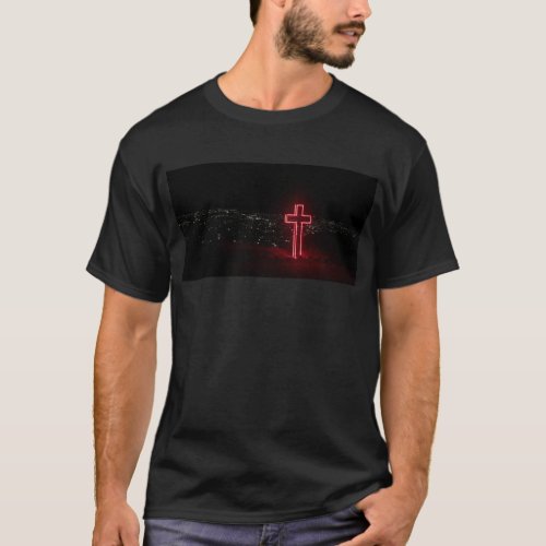 Red Neon Cross Black T_Shirt