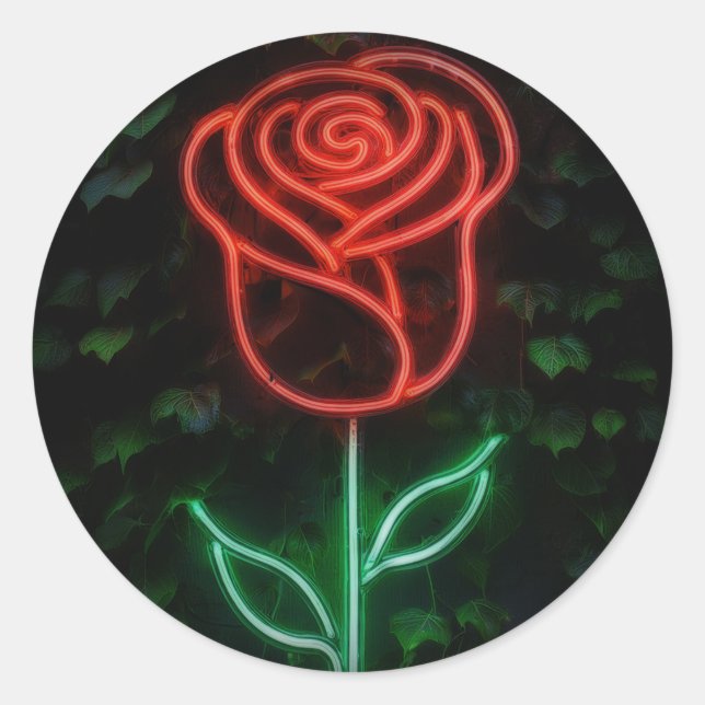 Red Neon Light Glowing Rose Ivy Sweet 16 16th  Classic Round Sticker (Front)