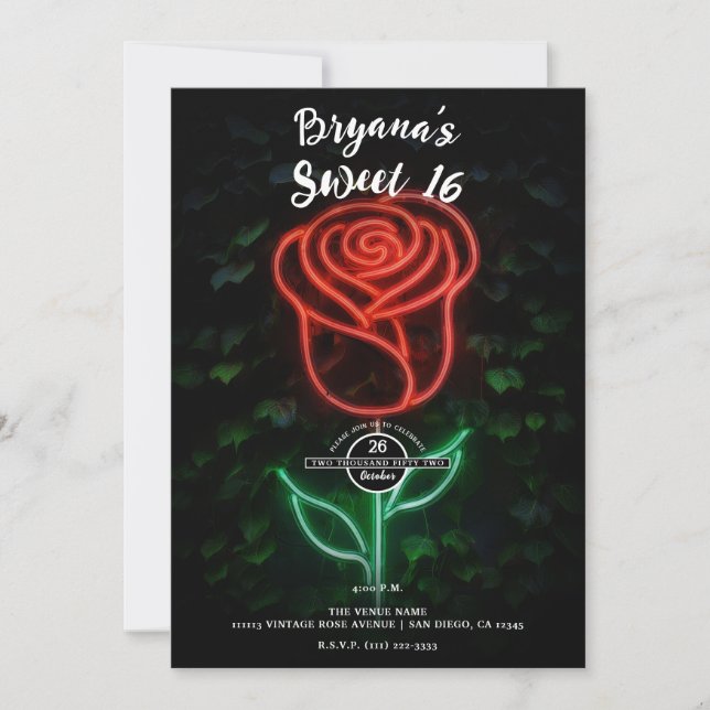 Red Neon Light Glowing Rose Ivy Sweet 16 16th Invitation (Front)
