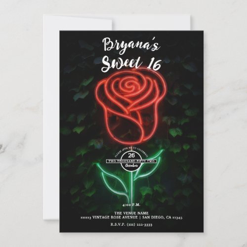 Red Neon Light Glowing Rose Ivy Sweet 16 16th Invitation