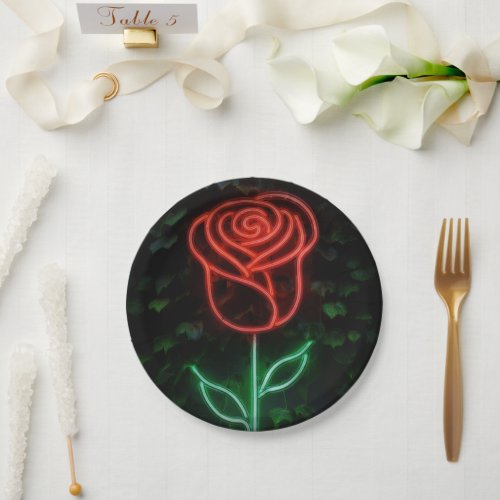 Red Neon Light Glowing Rose Ivy Sweet 16 16th Paper Plates