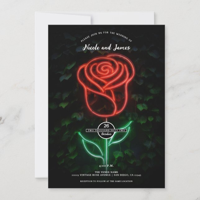 Red Neon Light Glowing Rose Ivy Wedding Invitation (Front)