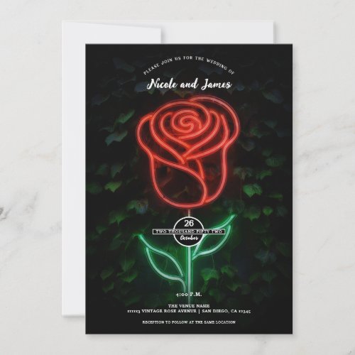 Red Neon Light Glowing Rose Ivy Wedding Invitation