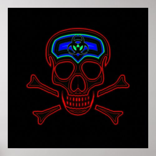 Red Neon Skull  Crossbones Poster