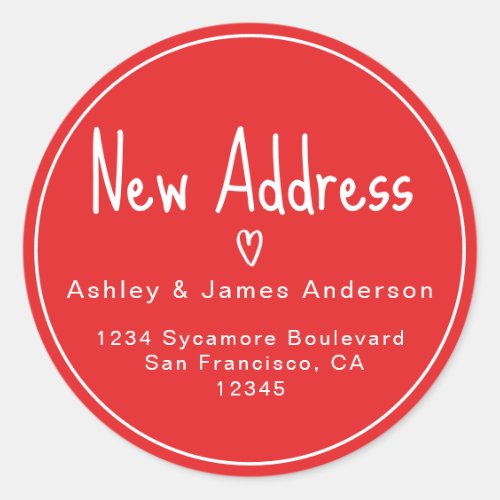 Red New Address Heart Return Address Classic Round Sticker