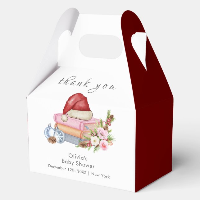 Red New Chapter Begins Winter Floral Baby Shower  Favor Boxes (Front)