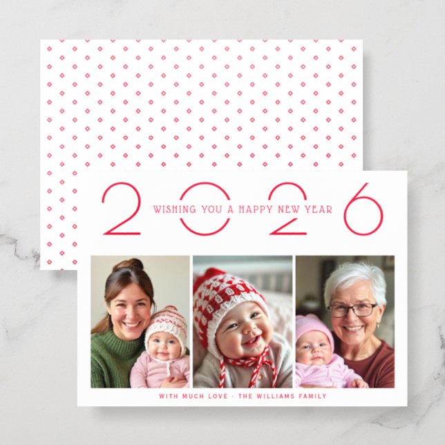 Red New Year 2026 pattern simple holiday Letterpress Photo Cards (Front/Back)