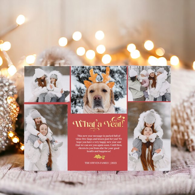 Red New Year in review 5 photo collage grid Foil Holiday Card (Red New Year in review 5 photo collage grid Foil Holiday Card)
