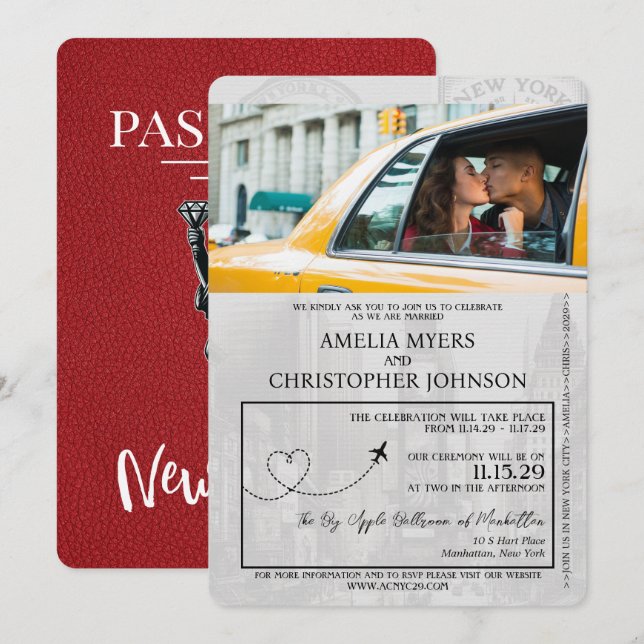 Red New York City Passport Wedding Invitation (Front/Back)