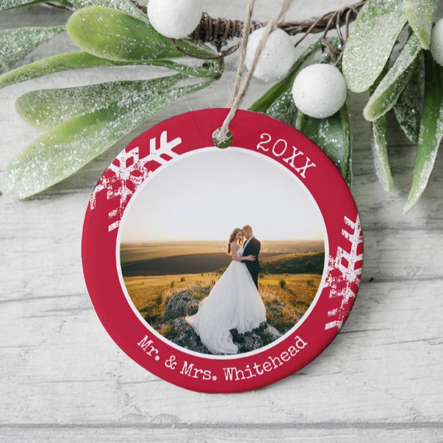 Red Newlywed Snowflake 1st Christmas Ceramic Ornament (Rustic snowflake newlywed holiday keepsake photo ornament perfect for gifts to bring joy to others.)