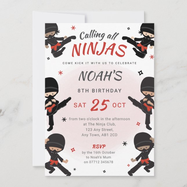 Red Ninja Birthday Invitation - Come kick it party (Front)