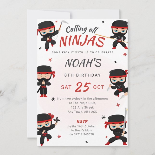 Red Ninja Birthday Invitation - Karate Party (Front)